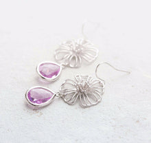 Load image into Gallery viewer, Silver Filigree Flower Lilac Purple Glass Drop Earrings, Lilac Wedding Earrings, Bridesmaid Gift, Flower Dangle Earrings, Gift for women her
