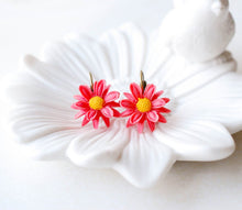 Load image into Gallery viewer, Coral Red Chrysanthemum Flower Earrings, Lever back Earrings, Floral Dangle Earrings, Bridesmaid Flower Girl Gift, Spring Summer Jewelry
