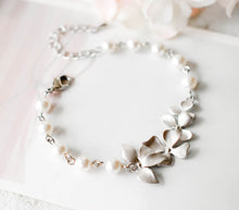 Load image into Gallery viewer, White Pearl Bracelet, Silver Bracelet, Cascading Flowers Bracelet, Adjustable Bracelet, Wedding Jewelry, Bridal Bracelet, Bridesmaid Gift
