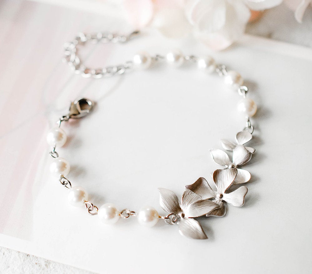 Silver Bridal Bracelet, Silver Orchid Flowers White Swarovski Pearls Adjustable Bracelet, Wedding Jewelry, Bridesmaid Gift, Flower Girl Gift