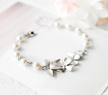 Load image into Gallery viewer, White Pearl Bracelet, Silver Bracelet, Cascading Flowers Bracelet, Adjustable Bracelet, Wedding Jewelry, Bridal Bracelet, Bridesmaid Gift
