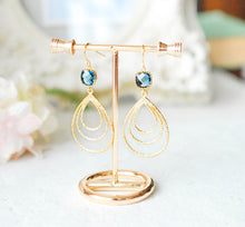 Load image into Gallery viewer, Gold Teardrop Triple Hoop Earrings, Dark Sapphire Earrings, Navy Blue Earrings, Bohemian Jewelry, September Birthstone, Gift for Women
