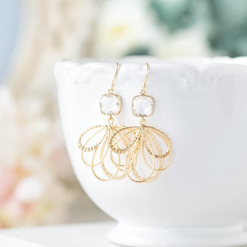 Clear Crystal Gold Filigree Dangle earrings