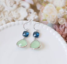 Load image into Gallery viewer, Navy Blue and Mint Green Dangle Earrings in Silver, Wedding Jewelry, Bridesmaid Gift, Crystal Earrings, Sapphire Green Glass drop Earrings
