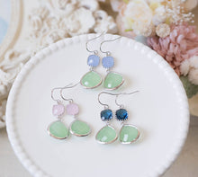 Load image into Gallery viewer, Mint Green Earrings with Glass Jewels in Periwinkle Navy Blue and Blush Pink, Silver Earrings, Mint Wedding Jewelry, Bridesmaid Gift
