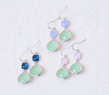 Load image into Gallery viewer, Mint Green Earrings with Glass Jewels in Periwinkle Navy Blue and Blush Pink, Silver Earrings, Mint Wedding Jewelry, Bridesmaid Gift
