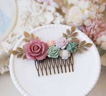 Load image into Gallery viewer, Bridal Hair Comb, Dusty Rose Pink Green Wedding Hair Accessory, Leaf Floral headpiece, Boho Wedding Country Wedding Bridal Hairpiece
