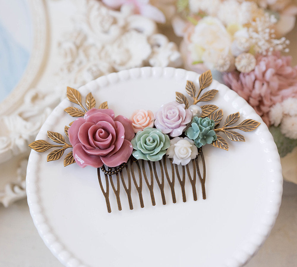 Bridal Hair Comb, Dusty Rose Pink Green Wedding Hair Accessory, Leaf Floral headpiece, Boho Wedding Country Wedding Bridal Hairpiece