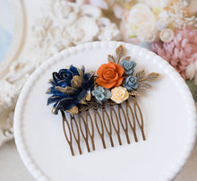 画像をギャラリービューアに読み込む, Navy Dusty Blue Burnt Orange Cream Ivory Hair Comb, Floral Wedding Hair Accessory, Bridal Hair Comb, Navy Blue Wedding Hair Slide
