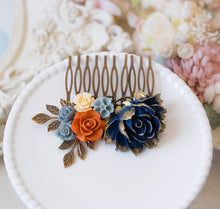 画像をギャラリービューアに読み込む, Navy Dusty Blue Burnt Orange Cream Ivory Hair Comb, Floral Wedding Hair Accessory, Bridal Hair Comb, Navy Blue Wedding Hair Slide
