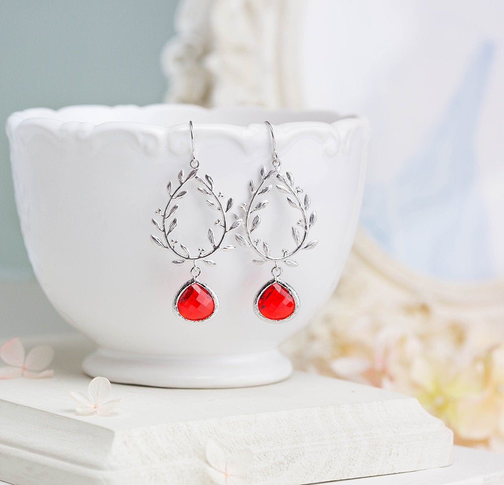 Red Earrings, Silver Laurel Wreath Red Teardrop Glass Crystal Dangle Earrings, Red Wedding Jewelry, Bridesmaid Earrings, Bridal Party Gift