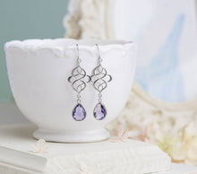 Load image into Gallery viewer, Silver Celtic Knot Earrings with Purple Crystals
