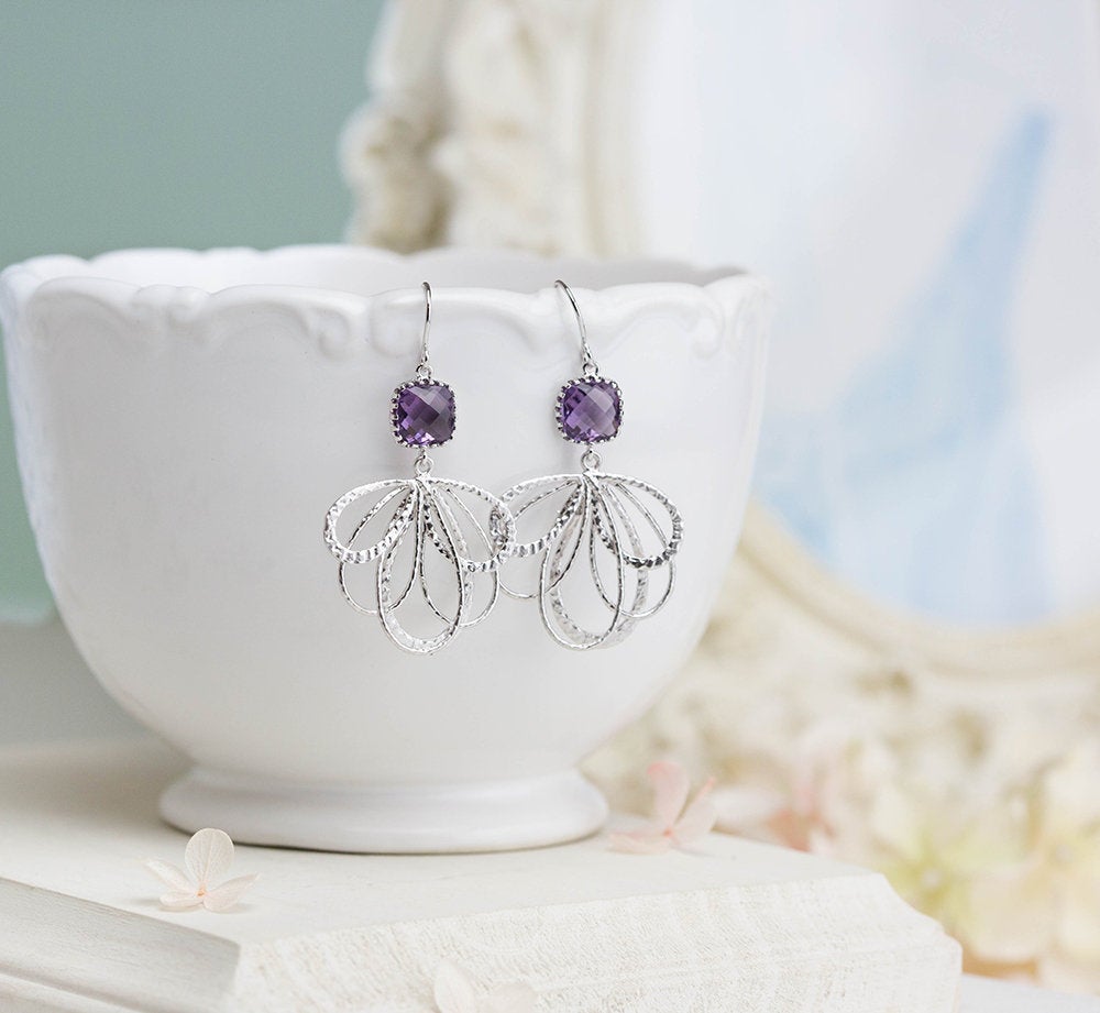 Purple Earrings, Amethyst Purple Glass Silver Fan Shape Filigree Earrings, Purple Wedding Jewelry, Bridesmaid Gift, February Birthstone