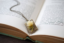 Load image into Gallery viewer, Book Locket Necklace. Antique Brass Book Locket with Ivory Cream Resin Rose, Miniature Book Necklace, Gift for Librarian, Christmas Gift
