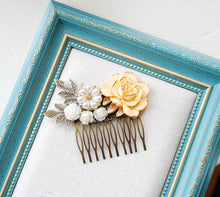 Load image into Gallery viewer, Bridal Hair Comb, Ivory White Rose Flower Antiqued Gold Leaf Branch Hair Comb, Rustic Vintage Wedding, French Country Chic, Boho Wedding
