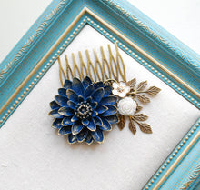 画像をギャラリービューアに読み込む, Navy Blue Chrysanthemum Mum Flower White Rose Hair Comb with Antiqued Gold Brass Leaf, Navy Blue Wedding Bridal Hair Comb, Bridesmaid Gift
