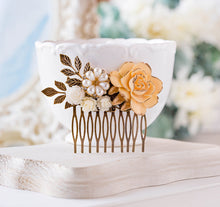 Load image into Gallery viewer, Bridal Hair Comb, Ivory White Rose Flower Antiqued Gold Leaf Branch Hair Comb, Rustic Vintage Wedding, French Country Chic, Boho Wedding
