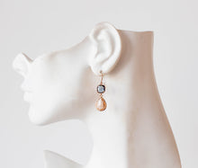 Load image into Gallery viewer, Rose Gold Navy Blue Peach Champagne Glass Dangle Earrings, Rose Gold Jewelry, Navy Blue Wedding Jewelry, Bridesmaid Gift, Gift for Mom Wife
