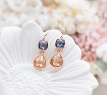 Load image into Gallery viewer, Rose Gold Navy Blue Peach Champagne Glass Dangle Earrings, Rose Gold Jewelry, Navy Blue Wedding Jewelry, Bridesmaid Gift, Gift for Mom Wife
