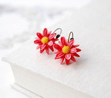 Load image into Gallery viewer, Coral Red Chrysanthemum Flower Earrings, Lever back Earrings, Floral Dangle Earrings, Bridesmaid Flower Girl Gift, Spring Summer Jewelry
