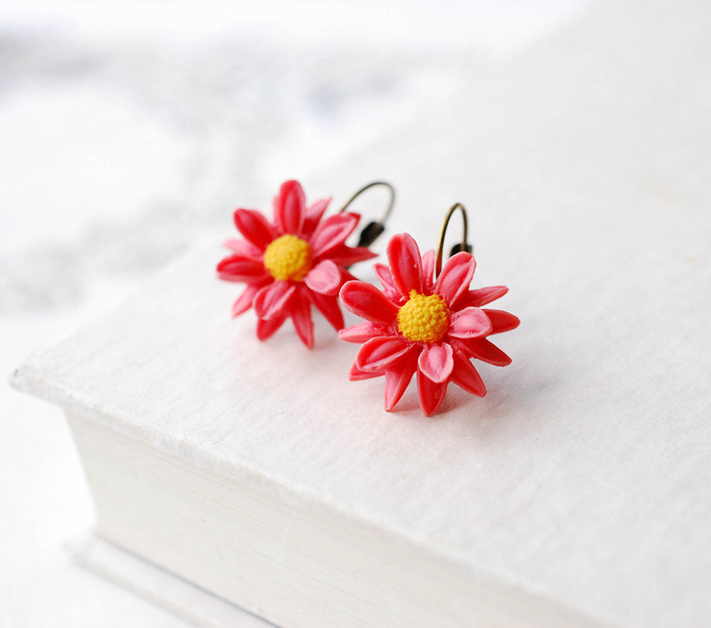 Coral Red Chrysanthemum Flower Earrings, Lever back Earrings, Floral Dangle Earrings, Bridesmaid Flower Girl Gift, Spring Summer Jewelry