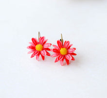 Load image into Gallery viewer, Coral Red Chrysanthemum Flower Earrings, Lever back Earrings, Floral Dangle Earrings, Bridesmaid Flower Girl Gift, Spring Summer Jewelry
