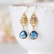 Load image into Gallery viewer, Navy Blue Crystal Gold Filigree Earrings
