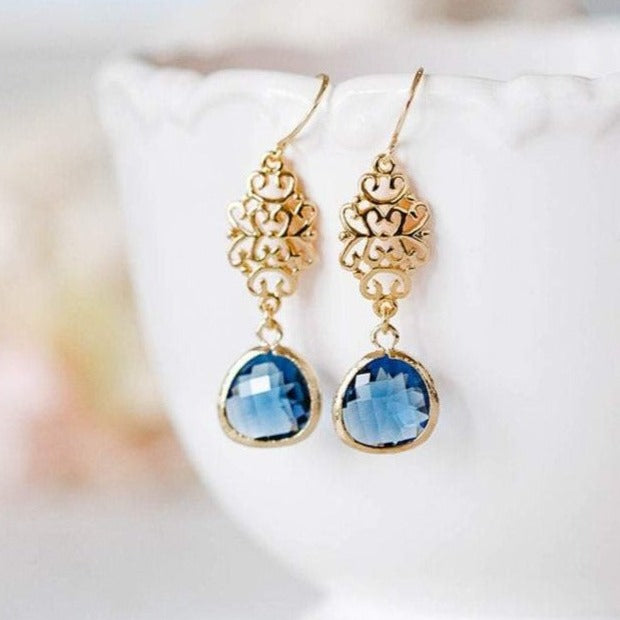 Navy Blue Crystal Gold Filigree Earrings