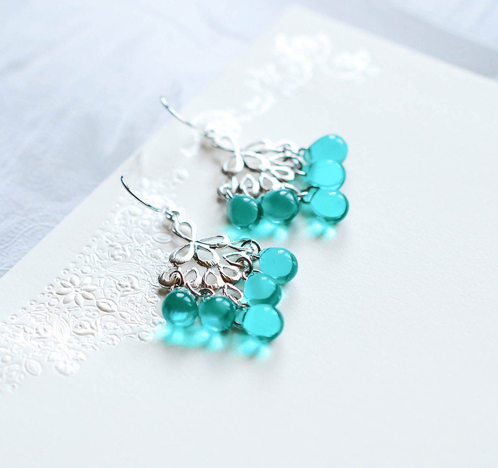 Blue Zircon Czech Glass Bead Silver Chandelier Earrings, Something Blue Wedding, December Birthstone Jewelry, Birthday gift, Summer Jewelry