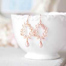 Load image into Gallery viewer, Rose Gold Leaf Wreath Earrings with Blush Pink Teardrop Pearls, Wedding Jewelry, Bridal Earrings, Bridesmaid Gift, Rose Gold Jewelry
