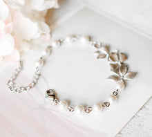 Load image into Gallery viewer, White Pearl Bracelet, Silver Bracelet, Cascading Flowers Bracelet, Adjustable Bracelet, Wedding Jewelry, Bridal Bracelet, Bridesmaid Gift
