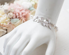 Load image into Gallery viewer, White Pearl Bracelet, Silver Bracelet, Cascading Flowers Bracelet, Adjustable Bracelet, Wedding Jewelry, Bridal Bracelet, Bridesmaid Gift
