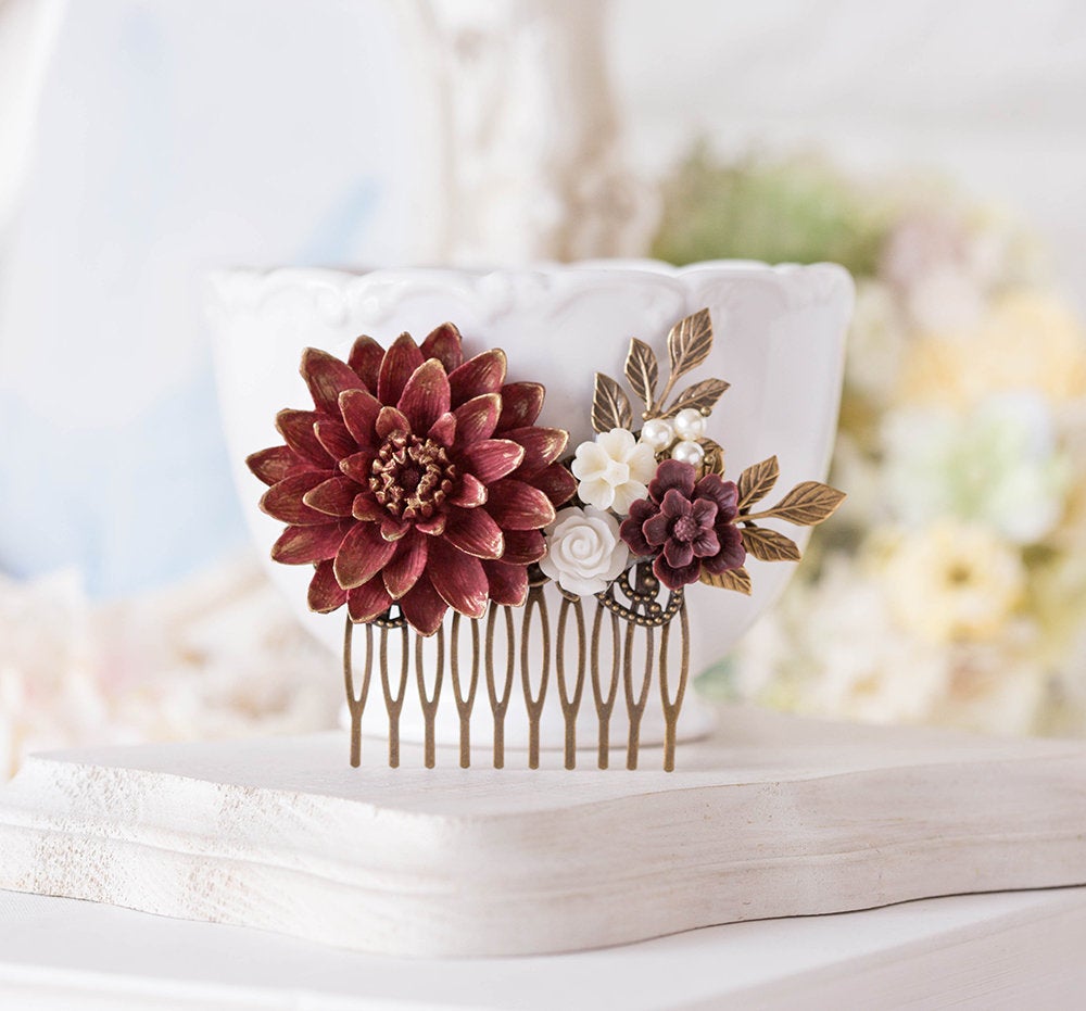 Dark Red Burgundy Chrysanthemum White Rose Flower Hair Comb, Burgundy Maroon Wedding Bridal Hair Comb, Bridesmaid Gift, Fall Wedding Hair