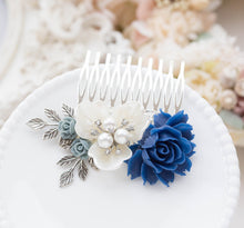 画像をギャラリービューアに読み込む, Navy Blue Wedding Bridal Hair comb, Dark Blue White Flower Rhinestone Pearl Leaf Silver Hair Comb, Something Blue Wedding Bridesmaid Gift
