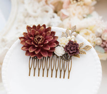 Load image into Gallery viewer, Dark Red Burgundy Chrysanthemum White Rose Flower Hair Comb, Burgundy Maroon Wedding Bridal Hair Comb, Bridesmaid Gift, Fall Wedding Hair
