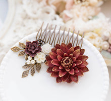 Load image into Gallery viewer, Dark Red Burgundy Chrysanthemum White Rose Flower Hair Comb, Burgundy Maroon Wedding Bridal Hair Comb, Bridesmaid Gift, Fall Wedding Hair
