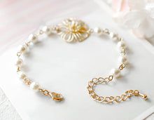 Load image into Gallery viewer, Gold Flower Cream White Pearl Bracelet, Wedding Bridal Bracelet, Bridesmaid Gift, Flower Girl Bracelet, Adjustable Pearl Bracelet
