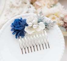 画像をギャラリービューアに読み込む, Navy Blue Wedding Bridal Hair comb, Dark Blue White Flower Rhinestone Pearl Leaf Silver Hair Comb, Something Blue Wedding Bridesmaid Gift
