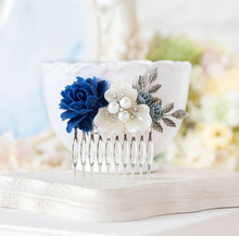 画像をギャラリービューアに読み込む, Navy Blue Wedding Bridal Hair comb, Dark Blue White Flower Rhinestone Pearl Leaf Silver Hair Comb, Something Blue Wedding Bridesmaid Gift
