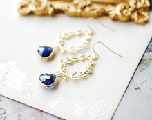 Load image into Gallery viewer, Sapphire Blue Earrings, Gold leaf Laurel Wreath Earrings, September Birthstone Birthday Gift for Her, Something Blue Wedding Bridesmaid Gift
