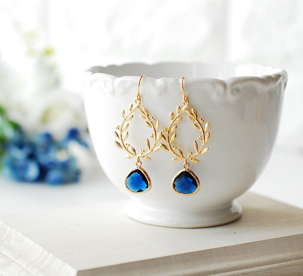 Sapphire Blue Earrings, Gold leaf Laurel Wreath Earrings, September Birthstone Birthday Gift for Her, Something Blue Wedding Bridesmaid Gift