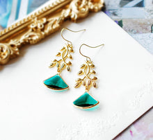 Load image into Gallery viewer, Gold Leaf Branch Earrings, Emerald Green Earrings, Fan Shape Earrings, Emerald Jewelry, May Birthstone Earrings, Emerald Wedding Earrings
