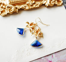 Load image into Gallery viewer, Sapphire Blue Earrings, September Birthstone, Gold Lotus Flower Earrings, Fan Shaped Blue Glass Earrings, September Birthday Gift for Her
