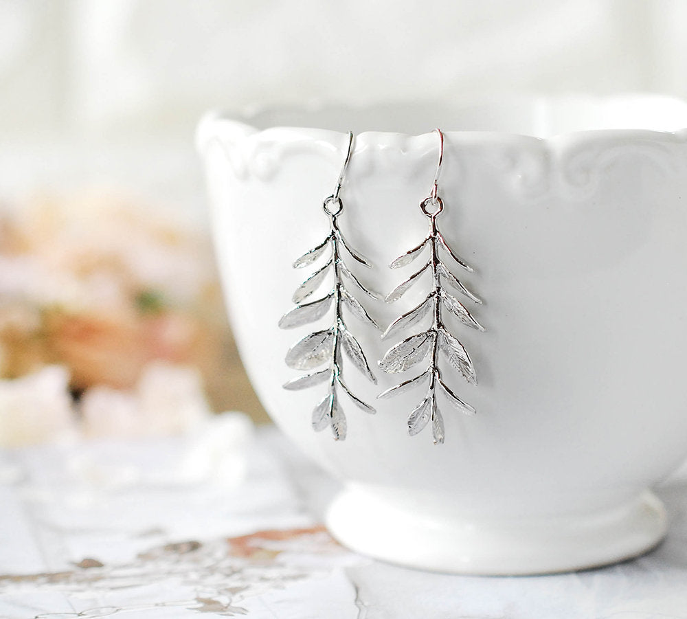 Silver Leaf Earrings, Long Silver Branch Earrings, Nature Inspired, Woodland Jewelry, Woodland Wedding Bridal Jewelry, Gift for her