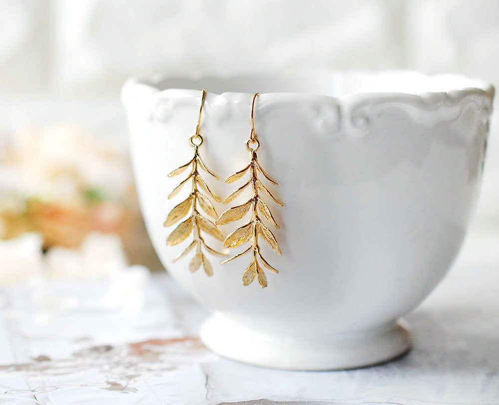 Gold Leaf Earrings, Branch Earrings, Nature Inspired Long Dangle Earrings, Woodland Jewelry, Woodland Wedding Bridesmaid Gift