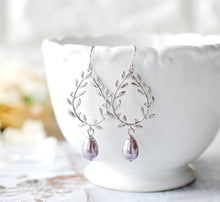 Load image into Gallery viewer, Lavender Pearl Earrings, Teardrop Pearl, Silver Laurel Wreath Earrings, Lavender Wedding Bridal Jewelry, Bridesmaid Gift, Gift for wife
