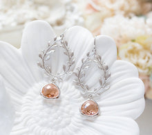 Load image into Gallery viewer, Peach Champagne Earrings, Silver Leaf Wreath Earrings, Peach Wedding Bridal Jewelry, Bridesmaid Earrings, Bridesmaid Gift, Gift for her
