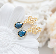 Load image into Gallery viewer, Navy Blue Gold Post Earrings, Sapphire Blue, September Birthstone, Gift for Her, Gold Flowers Stud Earrings, Navy Wedding Jewelry
