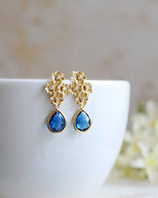 Load image into Gallery viewer, Navy Blue Gold Post Earrings, Sapphire Blue, September Birthstone, Gift for Her, Gold Flowers Stud Earrings, Navy Wedding Jewelry
