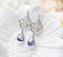 Load image into Gallery viewer, Silver Celtic Knot Earrings with Purple Crystals
